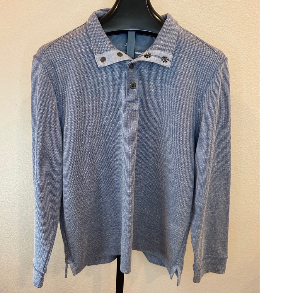 Tommy Bahama Mens Large Blue Waffle Knit Long Sleeve Snap Collar Polo Shirt